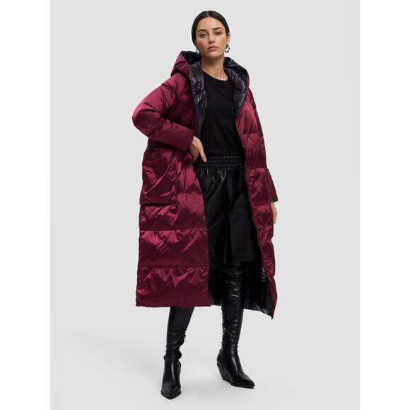 Lattelier Women's NWT Burgundy Longline Hooded Duck Down Filled Jacket Coat XL - Picture 1 of 11